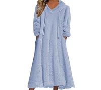 Robe Droite Chic Femmes Tenue décontractée Solide en Peluche à Capuche Robe Ample Poche Pull Sweat Robe Chandails Robe Housse Hiver (Light Blue, XXL)