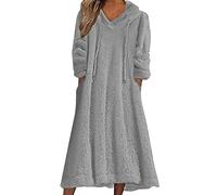Robe Droite Chic Femmes Tenue décontractée Solide en Peluche à Capuche Robe Ample Poche Pull Sweat Robe Chandails Robe Housse Hiver (Grey, M)