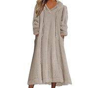 Robe Droite Chic Femmes Tenue décontractée Solide en Peluche à Capuche Robe Ample Poche Pull Sweat Robe Chandails Robe Housse Hiver (Khaki, L)