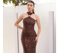 Robe droite élégante avec sequins, ornée d'une boucle métallique à l'encolure ras-du-cou. Convient pour les cocktails, les rendez-vous romantiques, les tenues de saison automne/hiver, les soirées, les