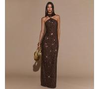 Robe droite élégante avec sequins, ornée d'une boucle métallique à l'encolure ras-du-cou. Convient pour les cocktails, les rendez-vous romantiques, les tenues de saison automne/hiver, les soirées, les