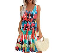 Robe Droite Femme Ete Courte Fleurie Courte Col U sans Manches Boheme Chic Mariage De Plage Ete Rose Noel Robe D'été Femme L