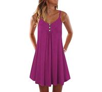 Robe Droite Femme，SANFASHION Robe Col V Boutons Plier Mini Robe sans Manches Shirt Robe à Bretelles Fines Casual ete Plage Robe Débardeur Simple