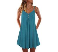 Robe Droite Femme，SANFASHION Robe Col V Boutons Plier Mini Robe sans Manches Shirt Robe à Bretelles Fines Casual ete Plage Robe Débardeur Simple