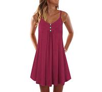 Robe Droite Femme，SANFASHION Robe Col V Boutons Plier Mini Robe sans Manches Shirt Robe à Bretelles Fines Casual ete Plage Robe Débardeur Simple