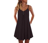 Robe Droite Femme,SANFASHION Robe Col V Boutons Plier Mini Robe sans Manches Shirt Robe à Bretelles Fines Casual ete Plage Robe Débardeur Simple