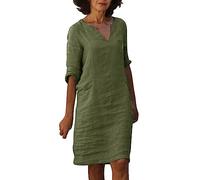 Robe Droite Femme Sexy- Robe Coton et Lin,Robe Mi-Longue Femme Col en V Couleurs Unies Robes Ample Décontractées Grande Taille Simple Élégant Chic Classique de Base Dress pour à la Plage