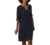 Robe Droite Femme Sexy- Robe Coton et Lin,Robe Mi-Longue Femme Col en V Couleurs Unies Robes Ample Décontractées Grande Taille Simple Élégant Chic Classique de Base Dress pour à la Plage