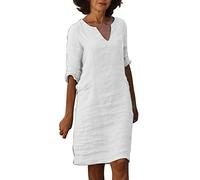Robe Droite Femme Sexy- Robe Coton et Lin,Robe Mi-Longue Femme Col en V Couleurs Unies Robes Ample Décontractées Grande Taille Simple Élégant Chic Classique de Base Dress pour à la Plage