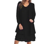 Robe Droite Midi Manches Longues en Mousseline de Soie pour Femmes dans l'ensemble de Robe Longue en Deux pièces (Black, XL)
