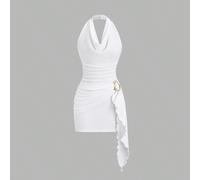 Robe du début du printemps au décolleté drapé sexy, à la taille froncée et à l'ourlet asymétrique. Décoration sophistiquée avec boucle métallique. Robe de soirée chic pour femmes. L,M,S,XSUnicoloreTis