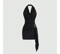 Robe du début du printemps au décolleté drapé sexy, taille froncée, ourlet asymétrique. Décoration sophistiquée avec boucle métallique. Robe de soirée chic pour femmes L,M,S,XSUnicoloreTissu tricoté