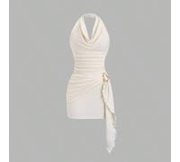 Robe du début du printemps au décolleté drapé sexy, taille froncée, ourlet asymétrique. Décoration sophistiquée avec boucle métallique. Robe de soirée chic pour femmes L,M,S,XSUnicoloreTissu tricoté