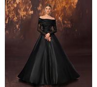 Robe du soir élégante et sexy pour femme, en satin avec panneaux en maille et perles, avec épaules dégagées et manches longues, robe de bal noire, pour invité de mariage, remise de diplôme, dîner, rob