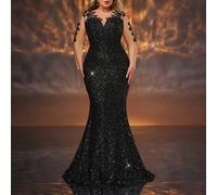Robe du soir élégante grande taille à manches longues avec empiècement en maille contrastée, col V, taille haute, coupe sirène. Robe pour invitée de mariage, robe de soirée, robe de cérémonie 0XL,1XL,