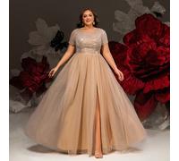 Robe du soir longue en maille à sequins couleur champagne, manches courtes, fente haute dans le dos avec lien. Robe de mariée de luxe pour femme grande taille. Robe de mariage, de cérémonie, pour invi
