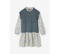 Robe effet 2 en 1 bi-matière fille vert sapin 7A