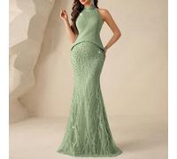 Robe élégante 2 en 1 à col montant transparente avec sequins, perles et strass. Présente une jupe style sirène. Parfaite pour les tenues de soirée formelles. Convient pour les invités de mariage, les 