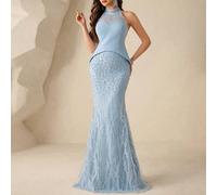 Robe élégante 2 en 1 à col montant transparente avec sequins, perles et strass. Présente une jupe style sirène. Parfaite pour les tenues de soirée formelles. Convient pour les invités de mariage, les 