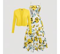 Robe élégante à bretelles fines et imprimé intégral, coupe ajustée, grande taille 0XL,1XL,2XL,3XL,4XLBlocs de couleur,Plantes,Tout ImpriméTissu tissé,Tricot côtelé
