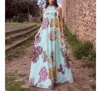 Robe élégante à bretelles fines pour femmes : Robe à imprimé floral, design à nœud dans le dos, ourlet à volants superposés, tissu léger et fluide, lien de cou réglable - Parfaite pour une séance phot