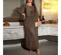Robe élégante à col rond texturée, manches mi-longues, grande taille, automne 0XL,1XL,2XL,3XL,4XLUnicoloreTissu tissé