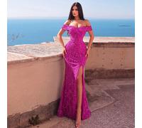 Robe élégante à épaules dénudées avec sequins, broderie perlée et fente haute, silhouette sirène - Fête de mariage d'automne L,M,S,XLUnicoloreSequins