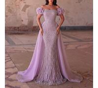 Robe élégante à épaules ouvertes avec perles et broderies, silhouette sirène ajustée avec manches bouffantes & traîne fluide dramatique pour mariage, fête, gala automne L,M,S,XL,XSPlantesSequins
