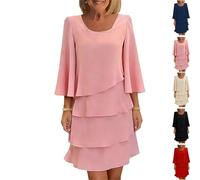 Robe élégante à Manches à Volants superposés pour Femme, Robe Fluide en Mousseline à Manches 3/4, idéale pour Les Mariages et Les fêtes décontractées. (Pink,M)