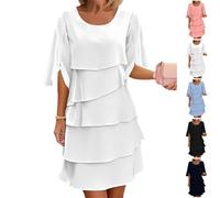 Robe élégante à Manches à Volants superposés pour Femme, Robe Fluide en Mousseline à Manches 3/4, idéale pour Les Mariages et Les fêtes décontractées. (White,M)