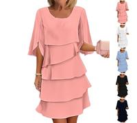 Robe élégante à Manches à Volants superposés pour Femme, Robe Fluide en Mousseline à Manches 3/4, idéale pour Les Mariages et Les fêtes décontractées. (Pink-a,M)
