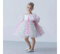 Robe élégante à manches bouffantes pour jeune fille, robe de princesse en tulle multicolore avec nœud, convient pour les anniversaires, mariages, demoiselles d'honneur, occasions de fête des filles 6Y