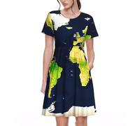 Robe élégante à manches courtes Casua avec col rond et imprimé carte du monde pour l'été, le bureau, la plage, Noir, M