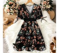 Robe élégante à manches courtes pour les femmes grandes tailles, imprimé floral, contraste de couleurs, dentelle col V, décontractée, vacances, fermeture éclair invisible, lien décoratif 0XL,1XL,2XL,3