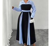 Robe élégante à manches longues avec col à nouer et patchwork pour femmes. Robe d'église, tenue de soirée élégante, ensemble de tenues classiques pour femmes 0XL,1XL,2XL,3XL,4XLBlocs de couleur,RayéÉt