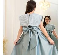 Robe élégante à patchwork de dentelle vert menthe avec grand nœud, dos bleu gris clair, robe princesse élégante sans manches col châle vert menthe, robe ample et mignonne pour fille avec col nœud, rob