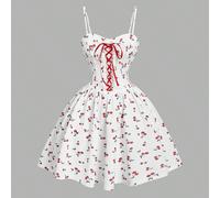 Robe élégante à taille nouée avec imprimé cerises et blocs de couleurs, idéale pour l'été, les festivals, les tropiques, les vacances, les soirées, les thés, les brunchs, le style féerique et chic pou