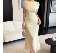 Robe élégante avec volants et nœud au dos en mousseline de soie jaune pâle, robe de mariée maxi de style français gracieuse pour femmes L,M,S,XLUnicoloreÉtoffe