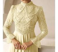 Robe élégante d'automne et d'hiver en satin pailleté, col montant, manches longues, design de perles et de strass, coupe évasée. Convient pour une robe de témoin de mariage, une robe d'anniversaire, u