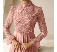 Robe élégante d'automne et d'hiver en satin pailleté, col montant, manches longues, design de perles et de strass, coupe évasée. Convient pour une robe de témoin de mariage, une robe d'anniversaire, u