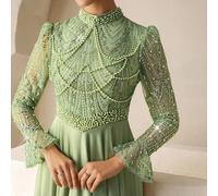 Robe élégante d'automne et d'hiver en satin pailleté, col montant, manches longues, design de perles et de strass, coupe évasée. Convient pour une robe de témoin de mariage, une robe d'anniversaire, u