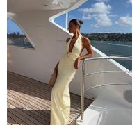 Robe élégante de couleur unie sans manches avec col licou pour femmes, robe de soirée plissée sans dos, Note : Veuillez porter des sous-vêtements de couleur chair, le matériau est léger/légèrement tra