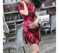 Robe élégante de style chinois pour femme avec un col montant élégant avec des emblèmes exquis de dragons et de phénix (L rouge vin)