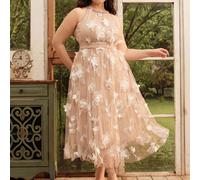 Robe élégante de vacances à taille empire sans manches, avec maille florale 3D, décoration de strass, convenant pour le printemps, l'été, les festivals, la remise des diplômes, en grande taille 1XL,2X