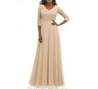 ARESU Robe élégante en Dentelle en Mousseline de Soie pour Femme, Couleur Unie, Manches 3/4, Creuse, Grande fête, Ligne a, Robe Longue Formelle pour invité de Mariage, Beige, L