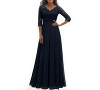 Robe élégante en Mousseline de Soie en Dentelle pour Femmes, Couleur Unie, Manches 3/4 Creuses, Grande Robe de soirée trapèze, Robes Formelles pour Robe d'invité de Mariage-Bleu-L