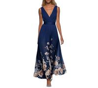 Robe élégante en mousseline de soie pour femme - Col en V profond - Robe à fleurs avec ceinture - Robe de soirée confortable - Robe de bal - Robe de mariage - Dos nu, Style/N02 Bleu, S
