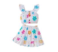 Robe Elegante Enfant Fille - Ensemble fille à manches courtes et jupe à volants imprimé floral-tenue deux pièces respirante printemps été 2025 pour petites filles parfaite pour Pâques et anniversaires