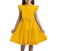 Robe Elegante Enfant Fille - Robes élégantes pour Filles Robe de cérémonie en Mousseline Manches Volantes col volanté Coupe A Ceinture à Nouer idéal pour fêtes Enfants 5 à 13 Ans