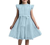 Robe Elegante Enfant Fille - Robes élégantes pour Filles Robe de cérémonie en Mousseline Manches Volantes col volanté Coupe A Ceinture à Nouer idéal pour fêtes Enfants 5 à 13 Ans